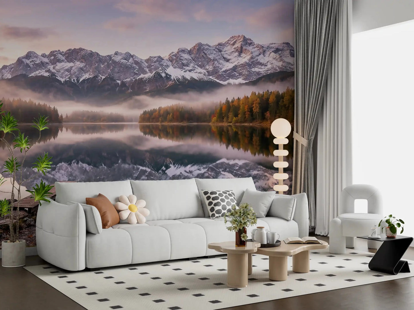 Calm sunrise tones spread through a living room with Alpenglow Lake Reflection wall mural.
GD9539