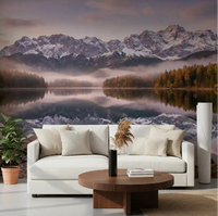 A living room opens up into Alpenglow Lake Reflection wall mural with sunrise tones.GD9539