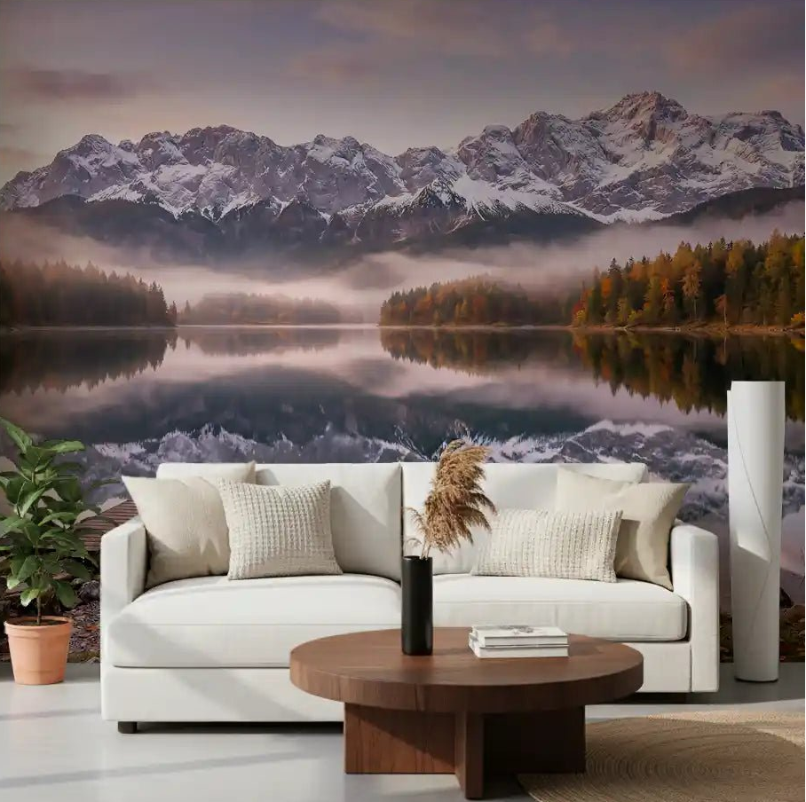 A living room opens up into Alpenglow Lake Reflection wall mural with sunrise tones.GD9539