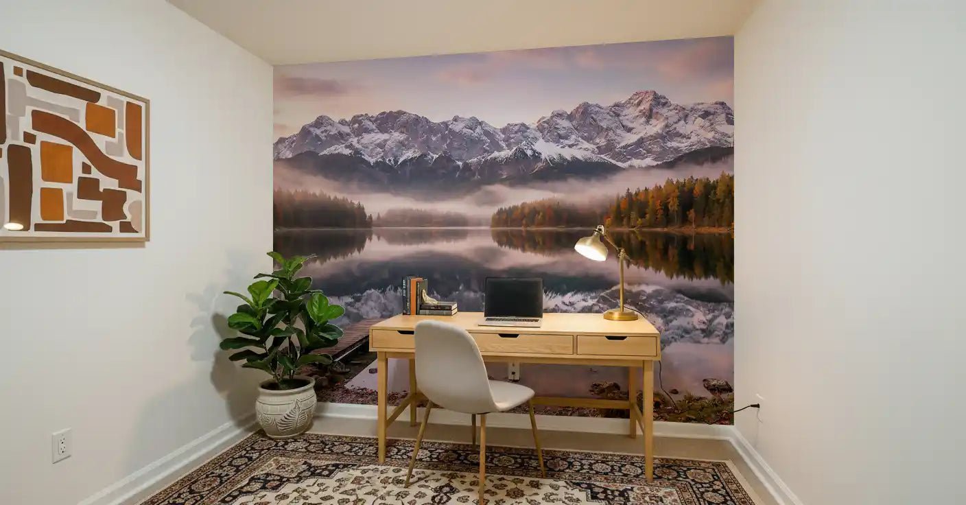 Snow-dusted peaks rise above the still water in Alpenglow Lake Reflection wall mural.GD9539