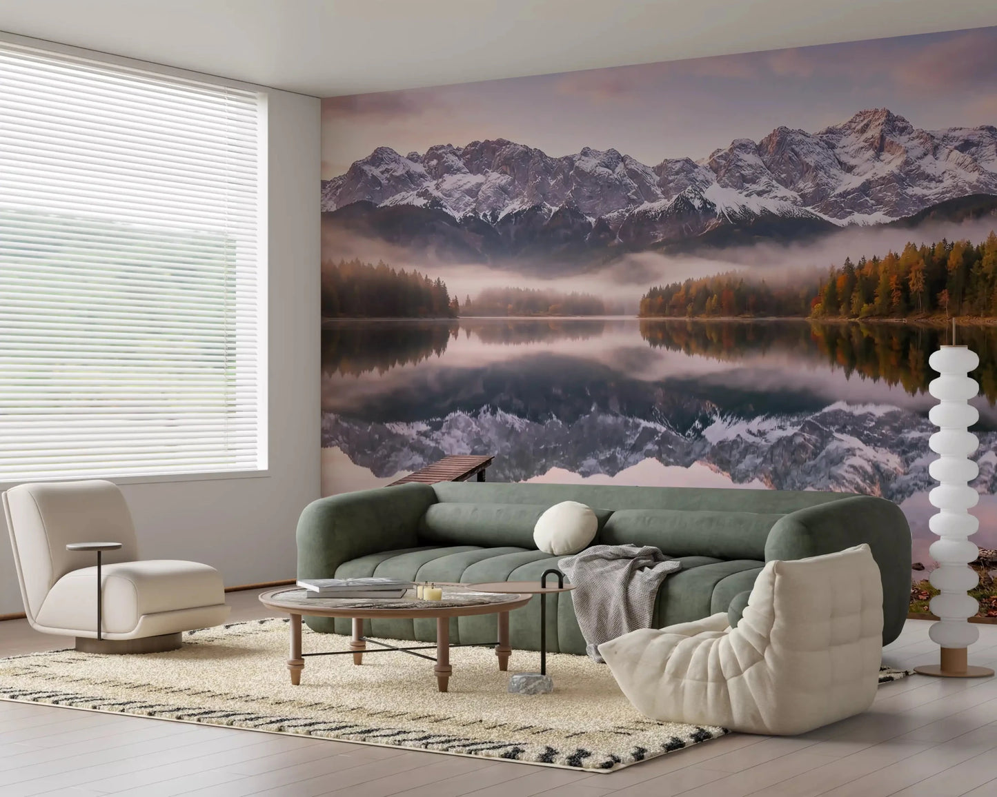 A small wooden jetty reaches into the lake in Alpenglow Lake Reflection wall mural.GD9539