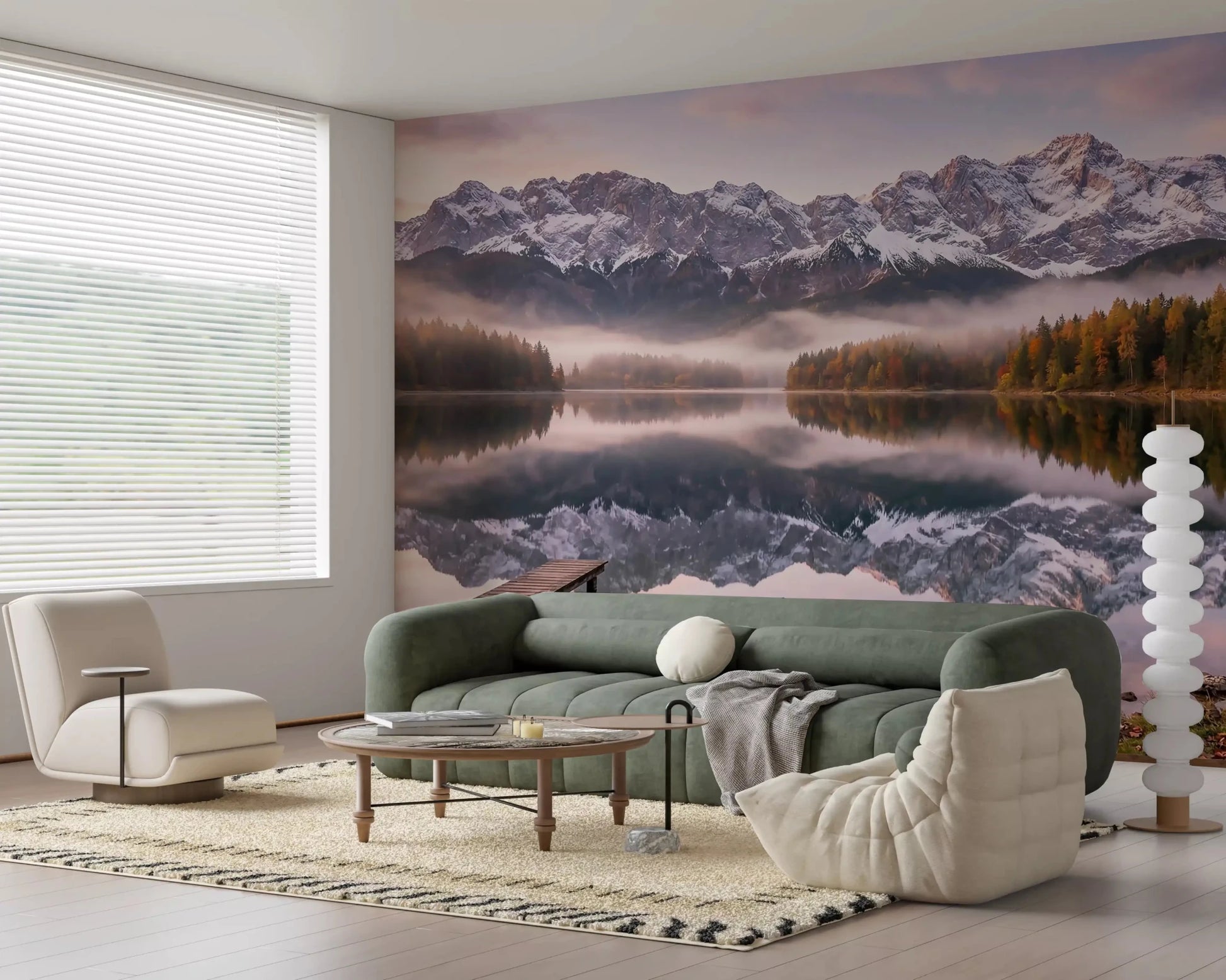 A small wooden jetty reaches into the lake in Alpenglow Lake Reflection wall mural.GD9539