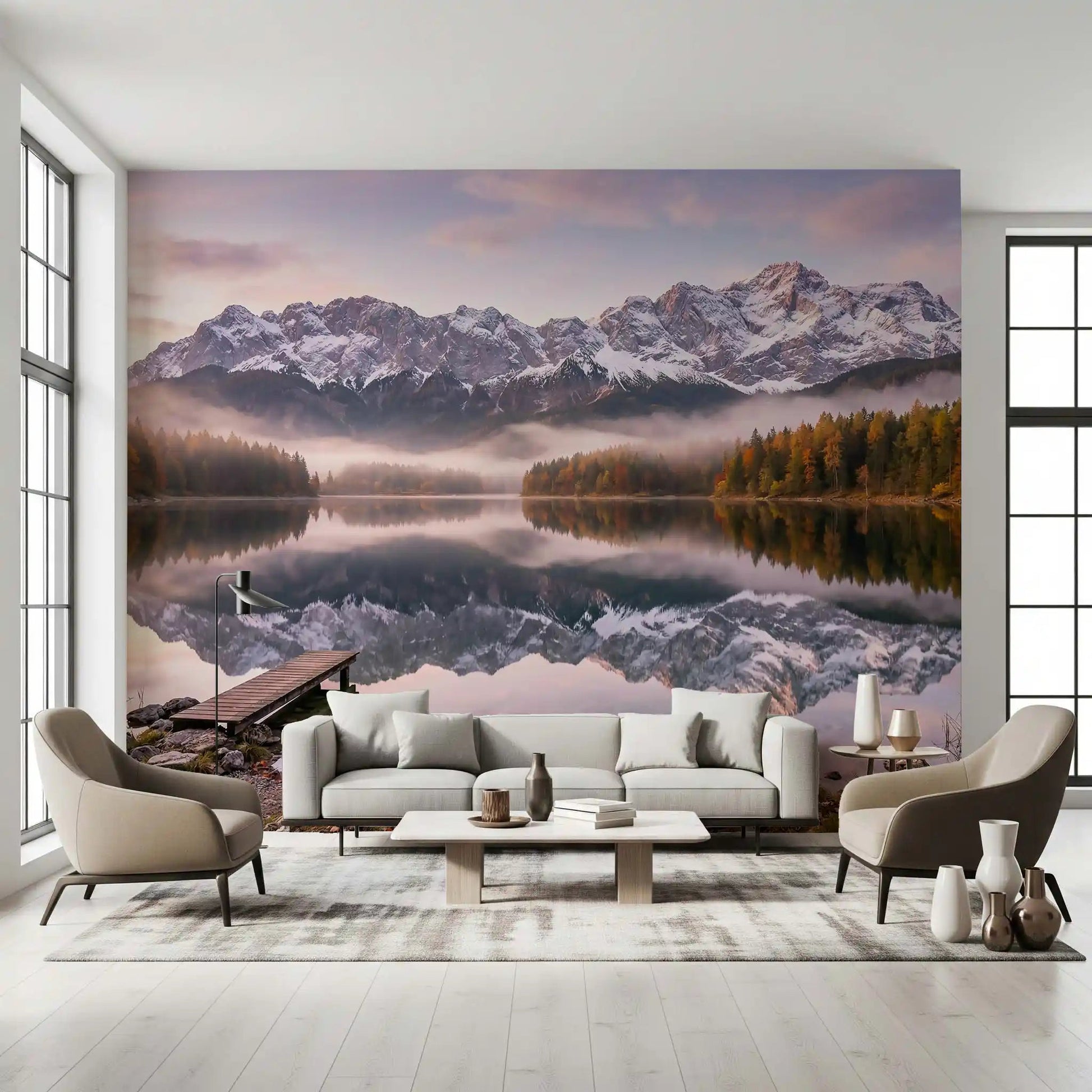 Autumn forest in gold and orange wraps the shoreline of Alpenglow Reflection wall mural.GD9539