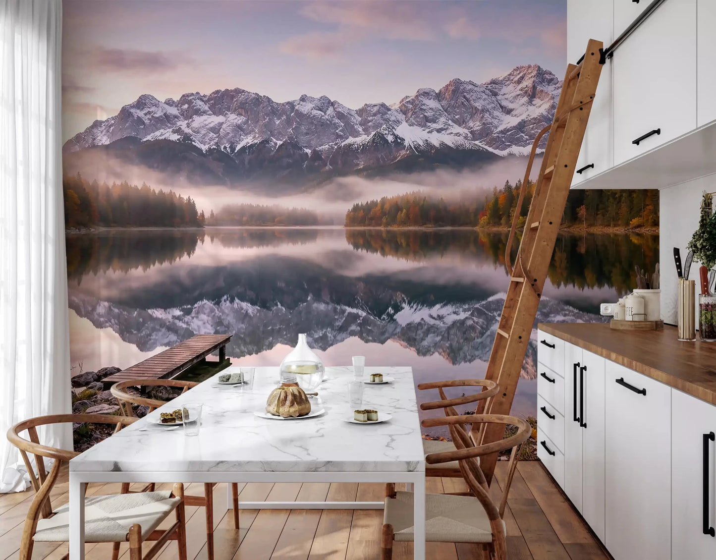 Kitchen-Dining room carry the alpine view of Alpenglow Lake Reflection wall mural.GD9539
