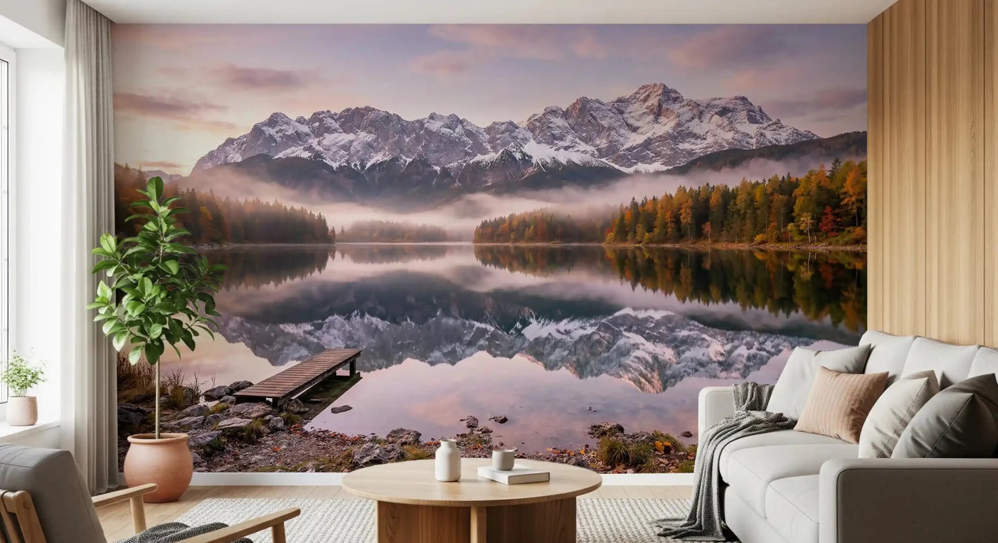 Living room backdrops feel calm with Alpenglow Reflection wall mural.GD9539