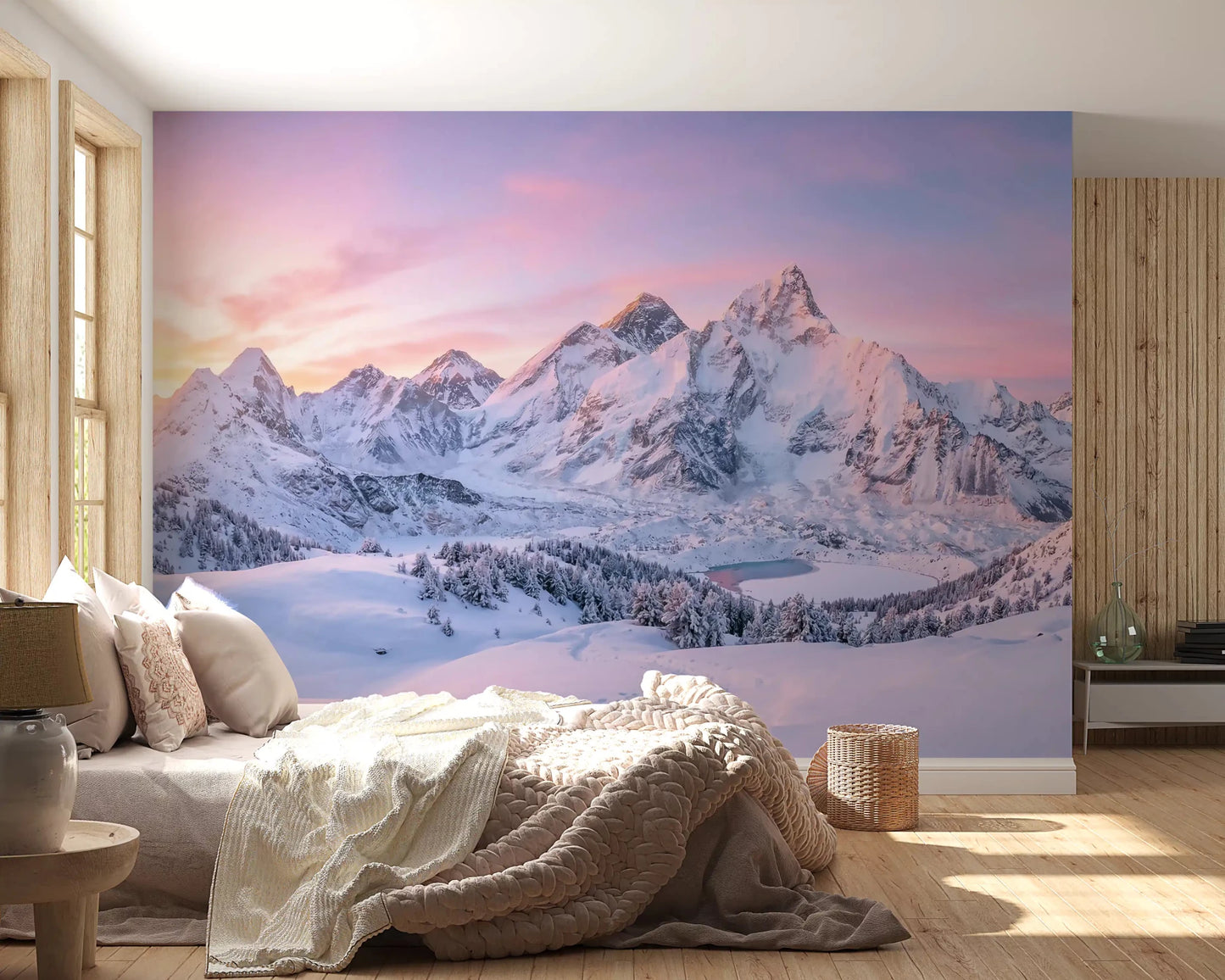 Detailed frozen lake and snow texture are key elements of the Alpenglow wall mural look., GD9107