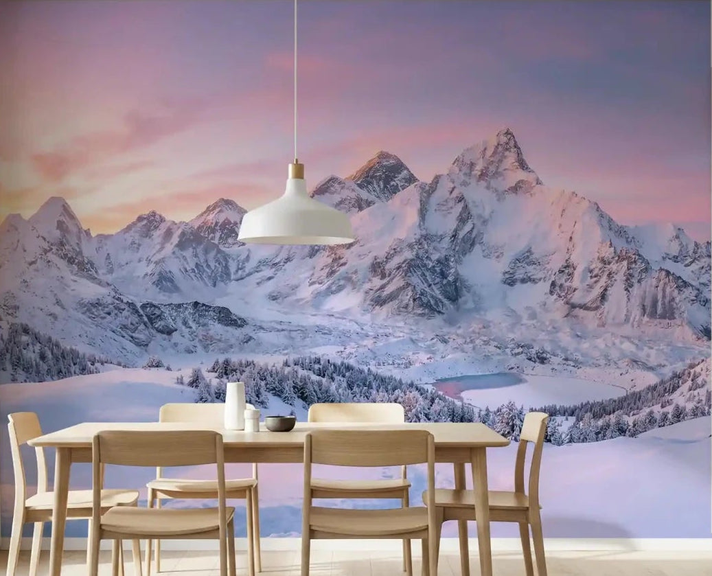 Alpenglow Peaks Panorama wall Mural creates a dramatic snowy mountain in this dining area., GD9107