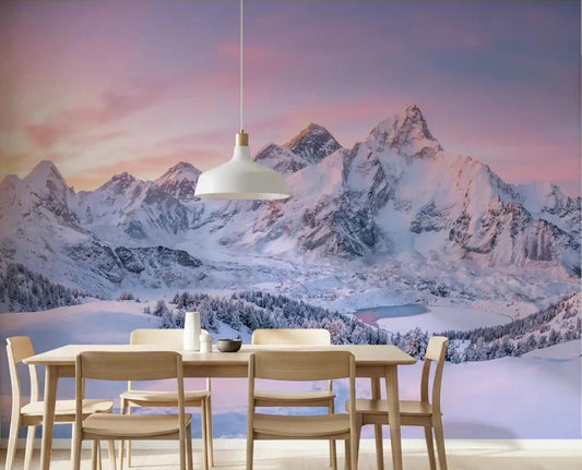 Alpenglow Peaks Panorama wall Mural creates a dramatic snowy mountain in this dining area.
