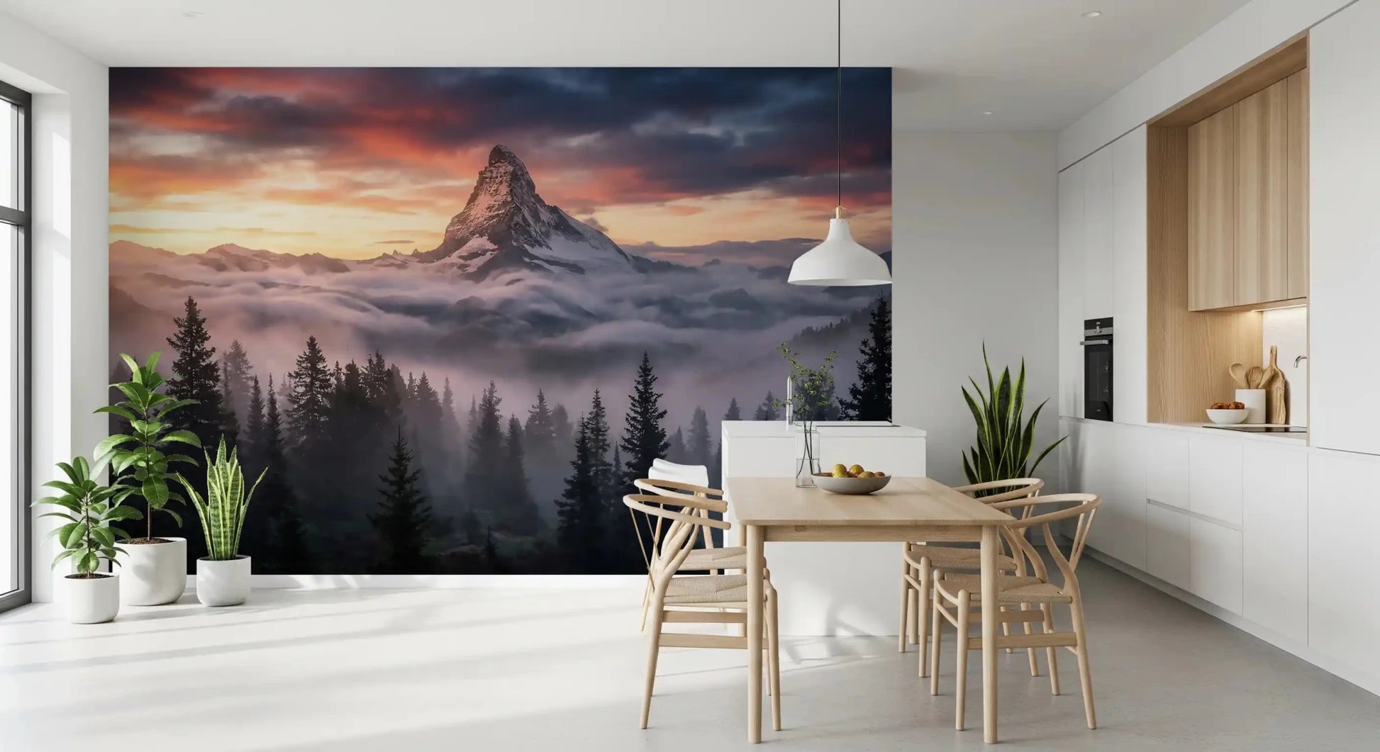 Dining room featuring the Alpenglow peak wall mural mountain scenery.GD9462