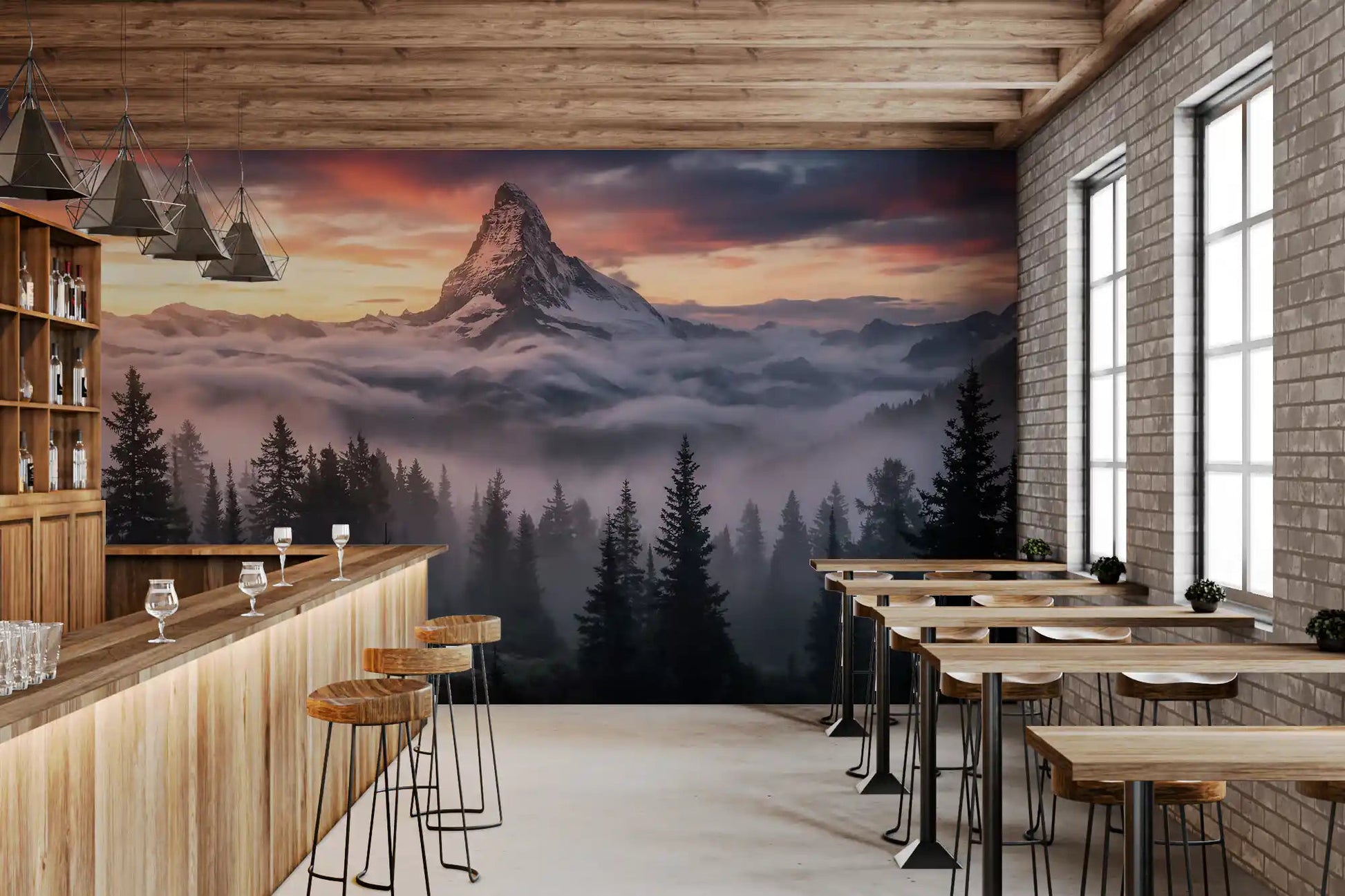 Café accented by the Alpenglow Summit wall mural sunset view.GD9462