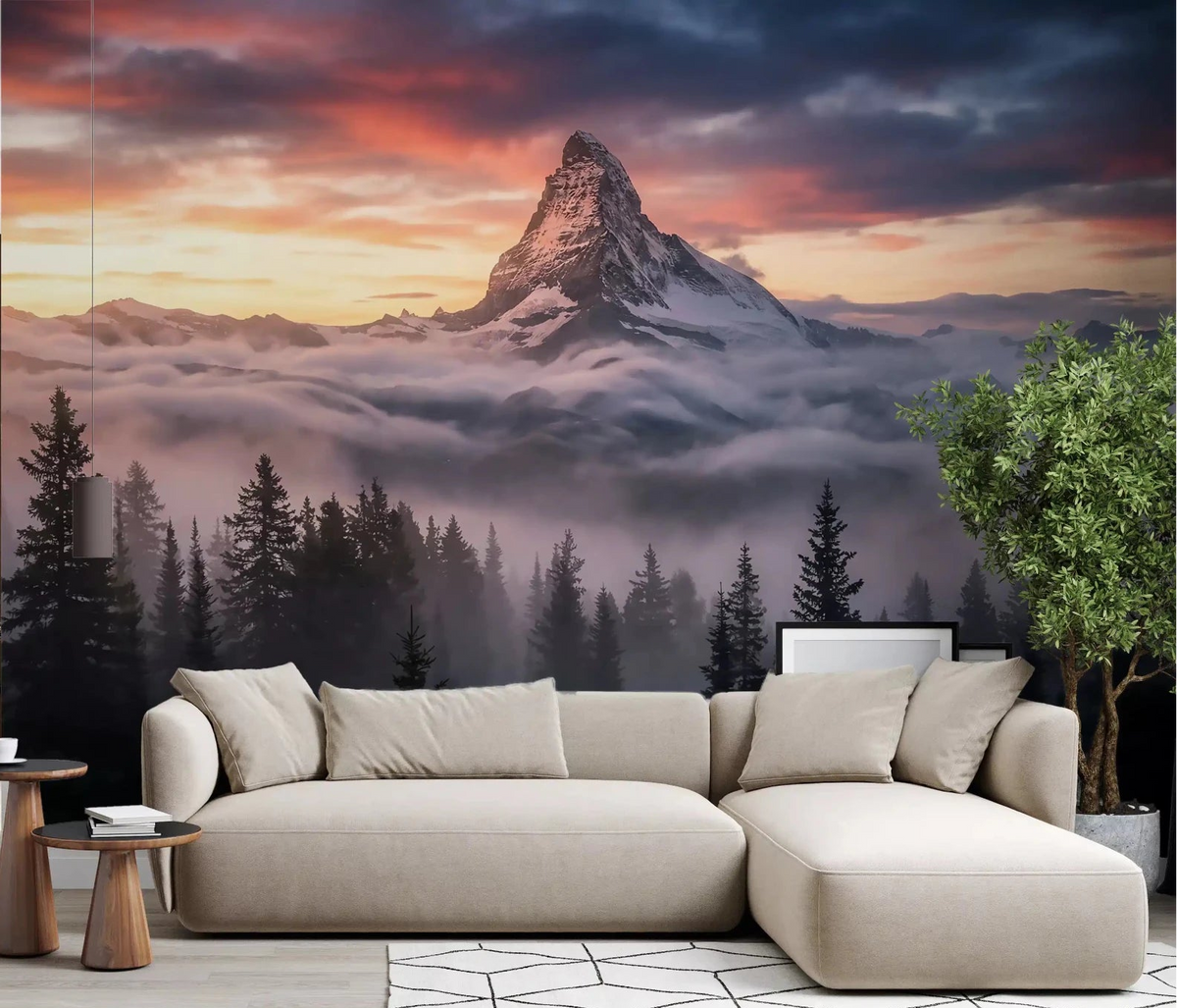 Living room showcasing the majestic Alpenglow Summit wall mural scenery.GD9462