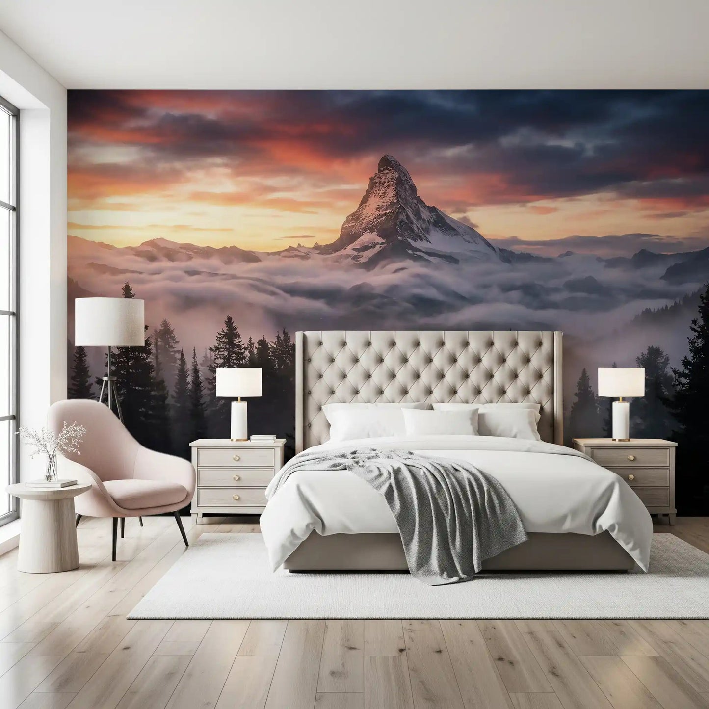 Summit scenic wall mural provides a serene backdrop in this bedroom space.GD9462