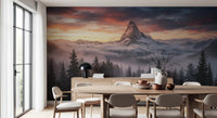 ADining room area displaying the colorful Alpenglow Summit peak wall mural.GD9462