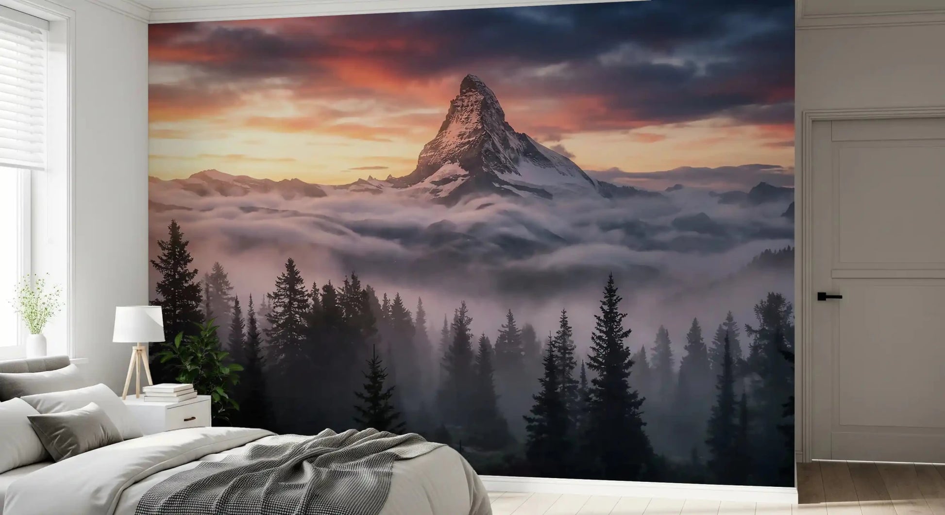 Silhouette of a dense pine forest on the Alpenglow mountain wall mural.GD9462
