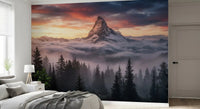 Silhouette of a dense pine forest on the Alpenglow mountain wall mural.GD9462
