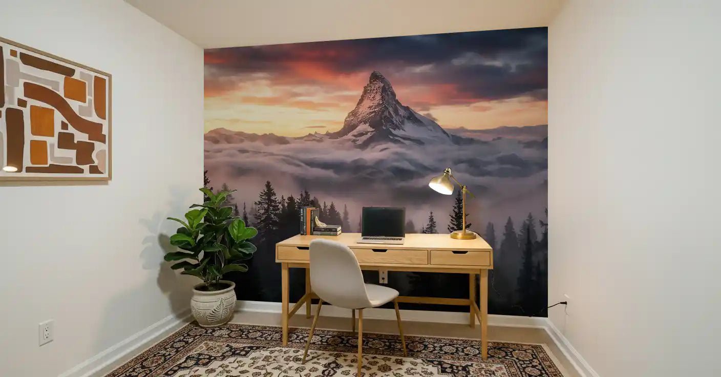 Study room featuring the Alpenglow mountain wall mural mountain landscape.GD9462