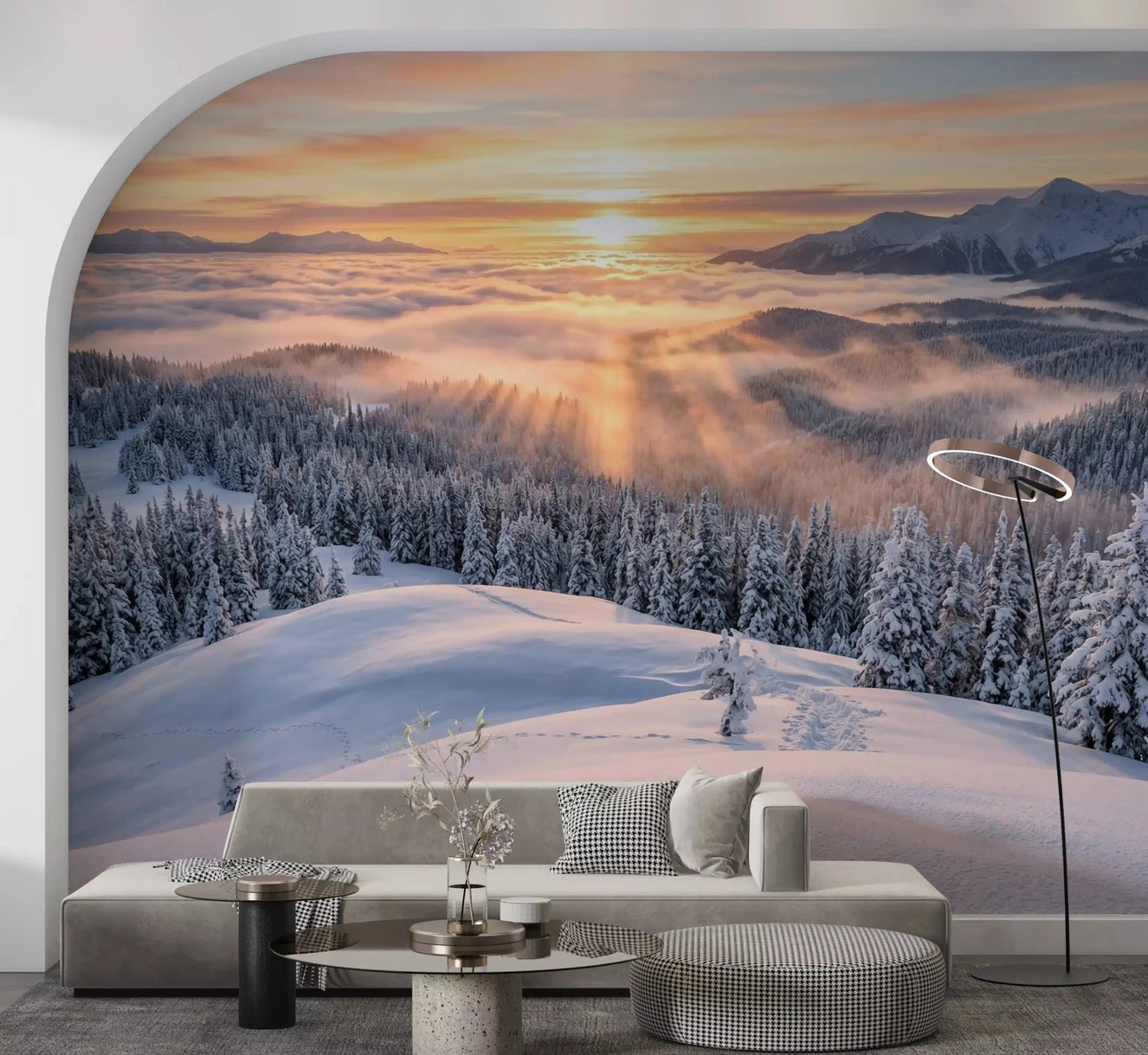 Alpenglow Winter Majesty wall mural in soft peach light and blue snow tones