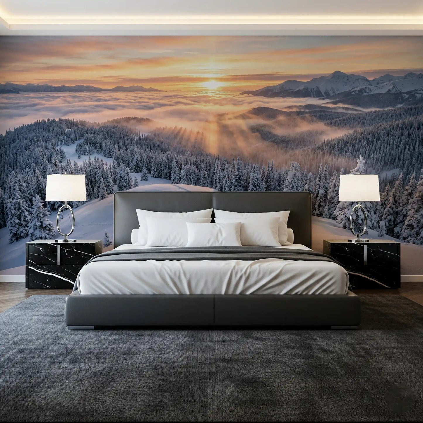 Alpenglow Winter Majesty wall mural with snowy hills and misty forest light, GD9025