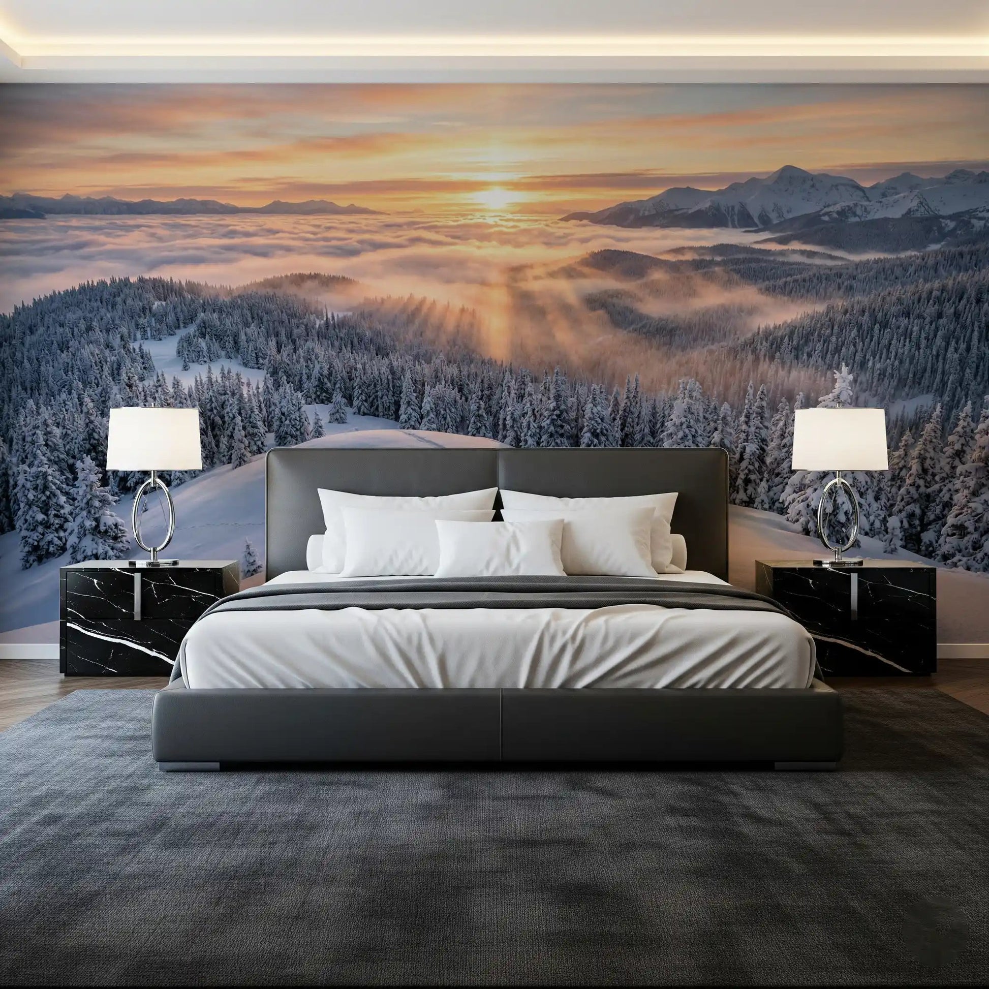 Alpenglow Winter Majesty wall mural with snowy hills and misty forest light, GD9025