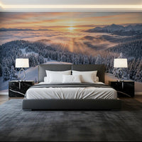 Alpenglow Winter Majesty wall mural with snowy hills and misty forest light, GD9025