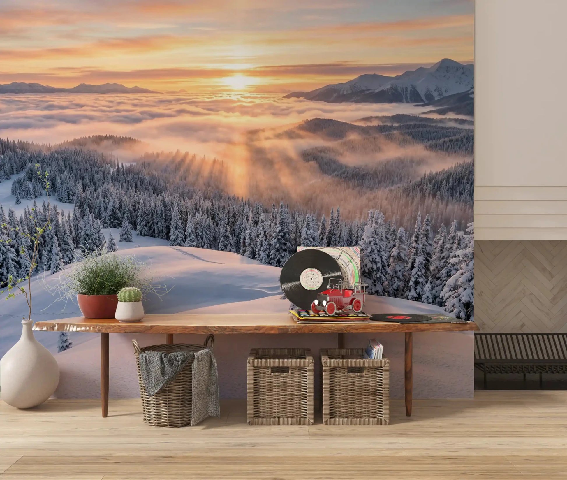 Scenic snow wall mural with golden mist drifting over a pine forest, GD9025