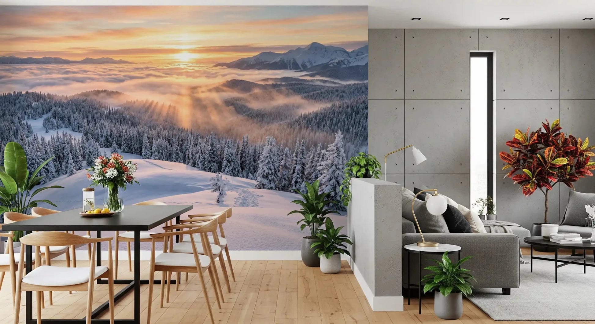 Winter landscape wall mural showing frosted pines beneath a warm sunrise sky, GD9025