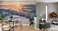 Winter landscape wall mural showing frosted pines beneath a warm sunrise sky, GD9025