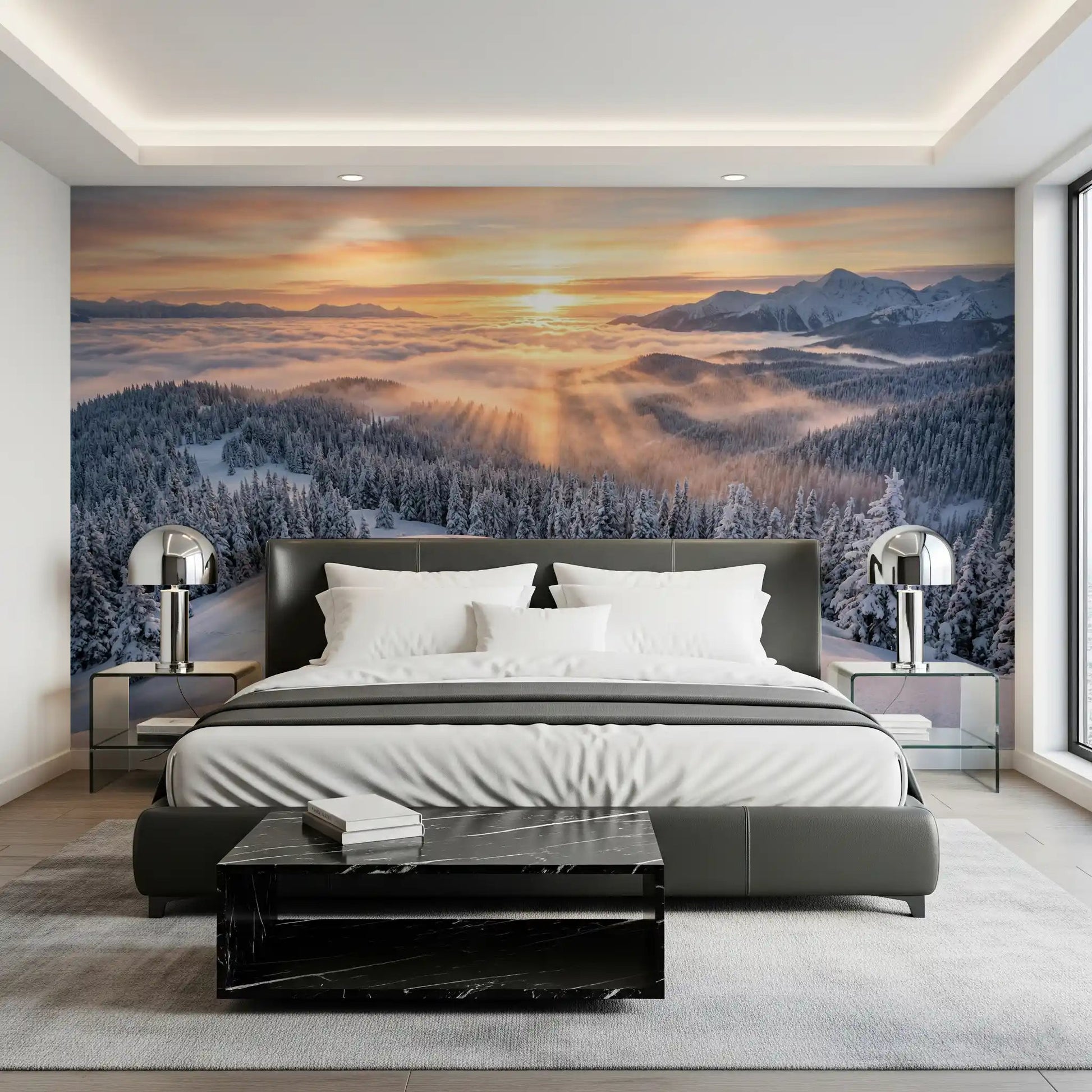 Bedroom styled in Alpenglow Winter Majesty wall mural with frosted pine forest, GD9025