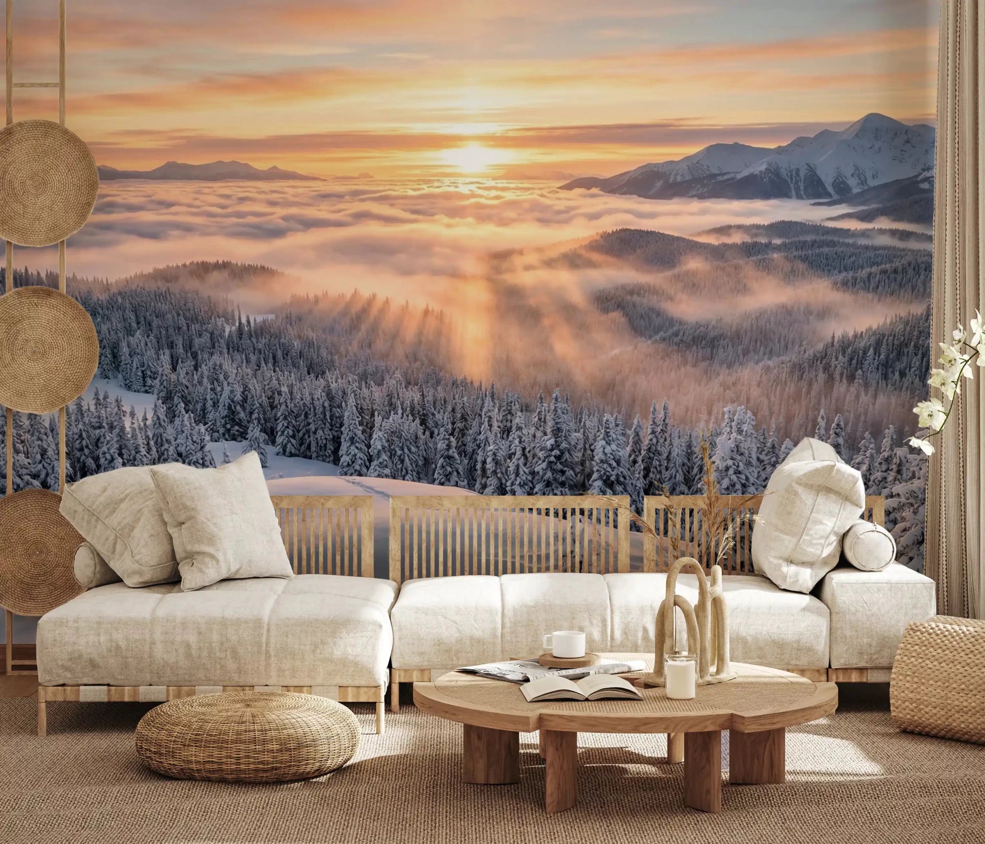 Living room with Alpenglow Winter Majesty wall mural and snowy sunrise view, GD9025