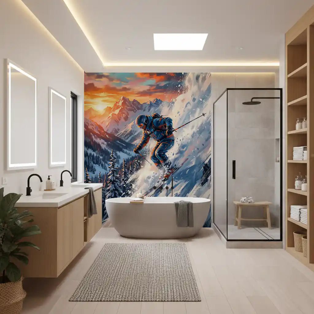 The Sunset Descent wall mural adds a scenic thrill to this bathroom area.