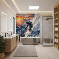 The Sunset Descent wall mural adds a scenic thrill to this bathroom area.