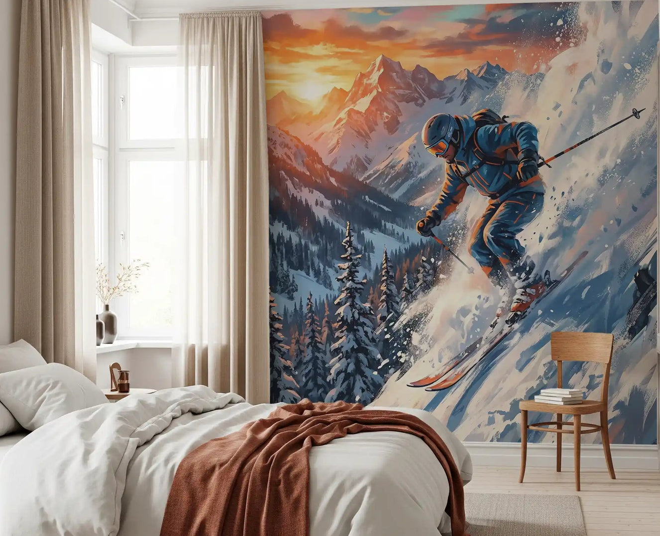 Alpine Adrenaline mural adds a bold mountain rush to this bedroom area.