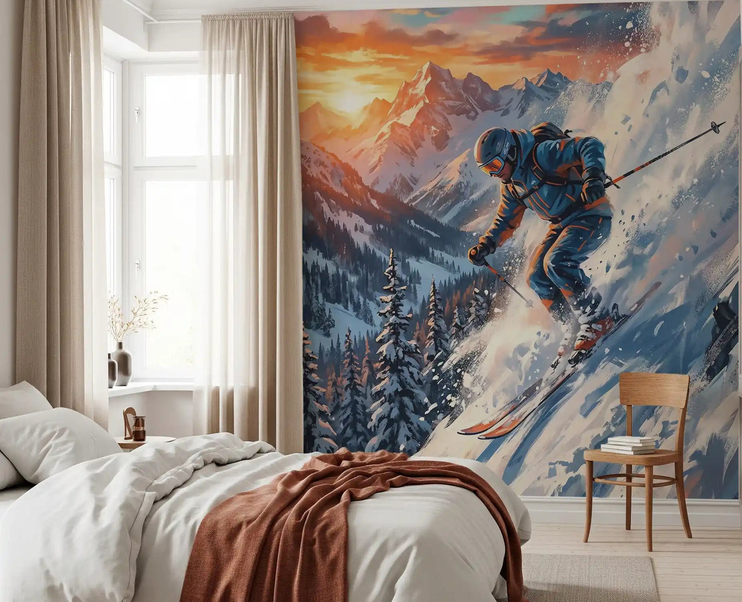 Alpine Adrenaline mural adds a bold mountain rush to this bedroom area.
