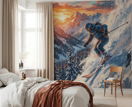 Alpine Adrenaline mural adds a bold mountain rush to this bedroom area.