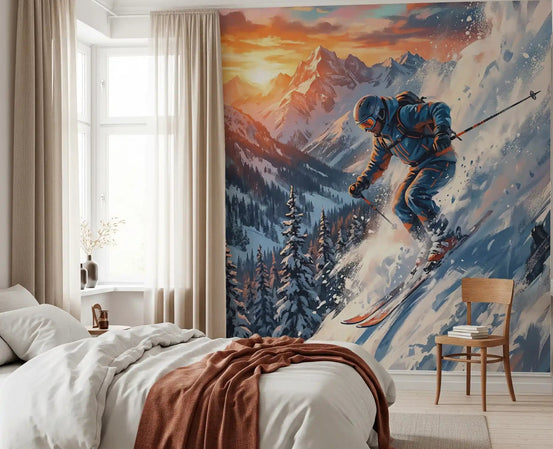 Alpine Adrenaline mural adds a bold mountain rush to this bedroom area., GD9108