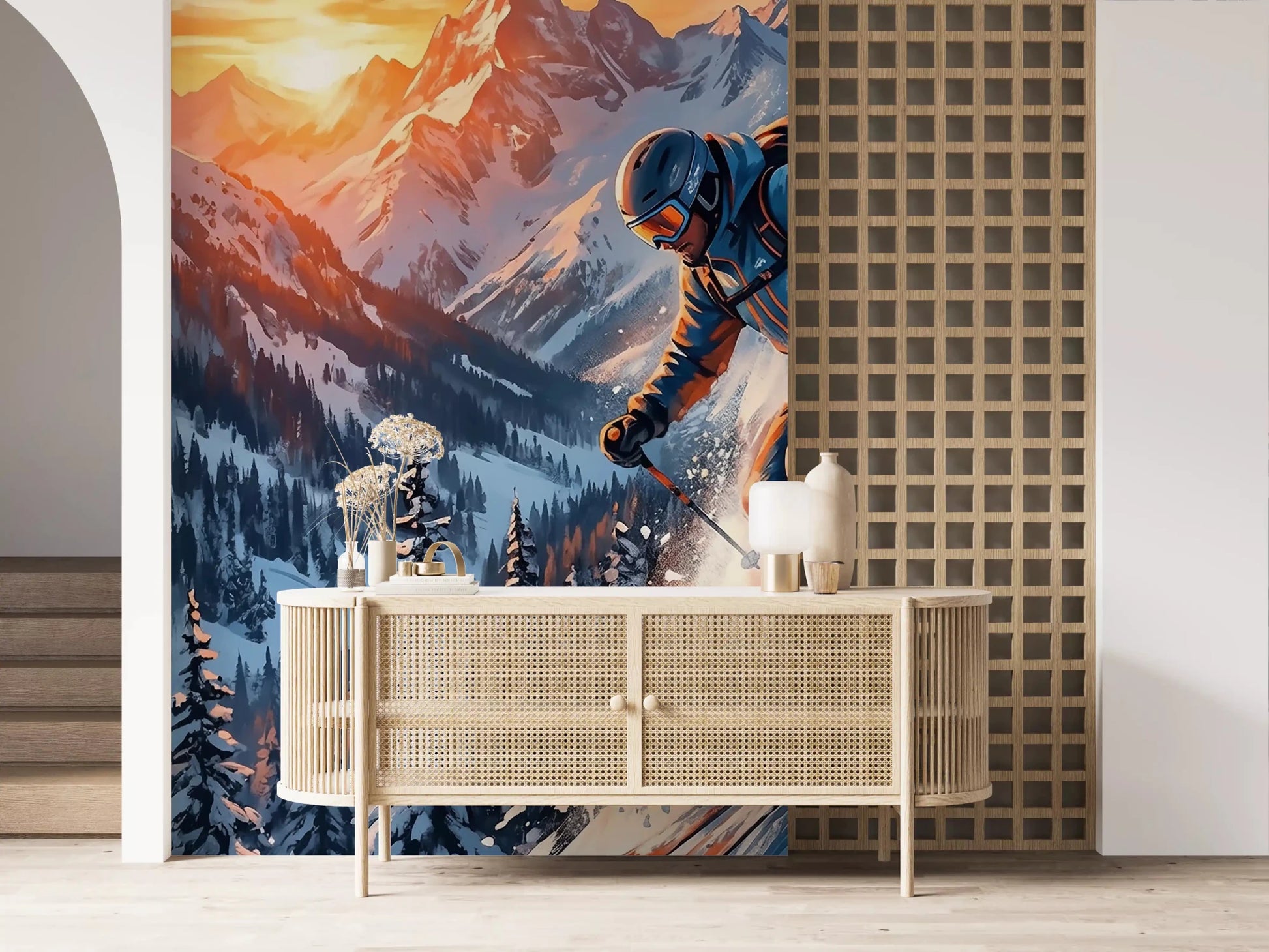 A snowy glow from the Alpine Adrenaline design fills this hallway.