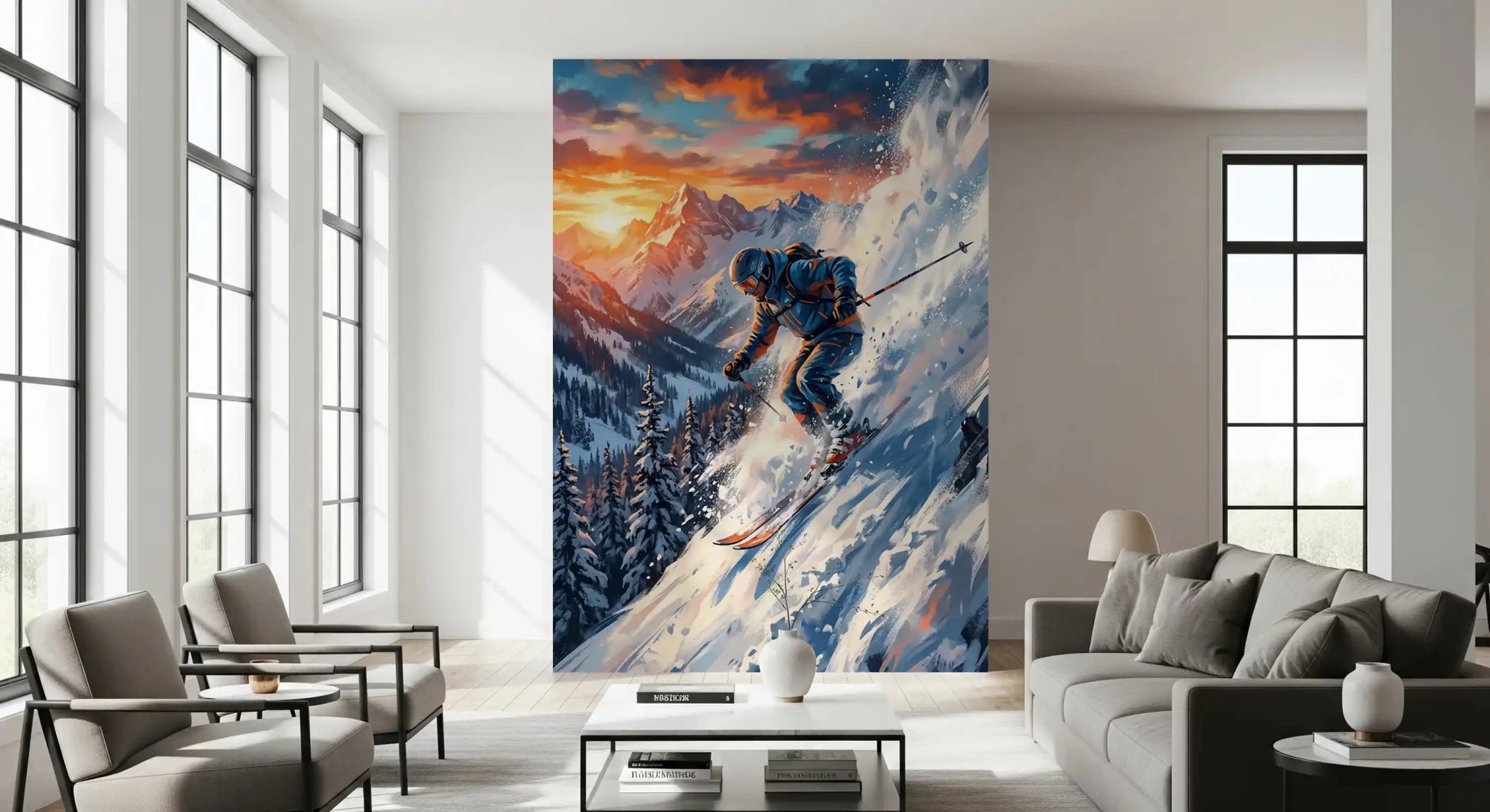 A skier carves through powder in this Sunset Descent wall mural view.