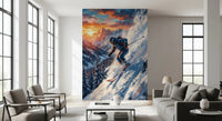 A skier carves through powder in this Sunset Descent wall mural view.