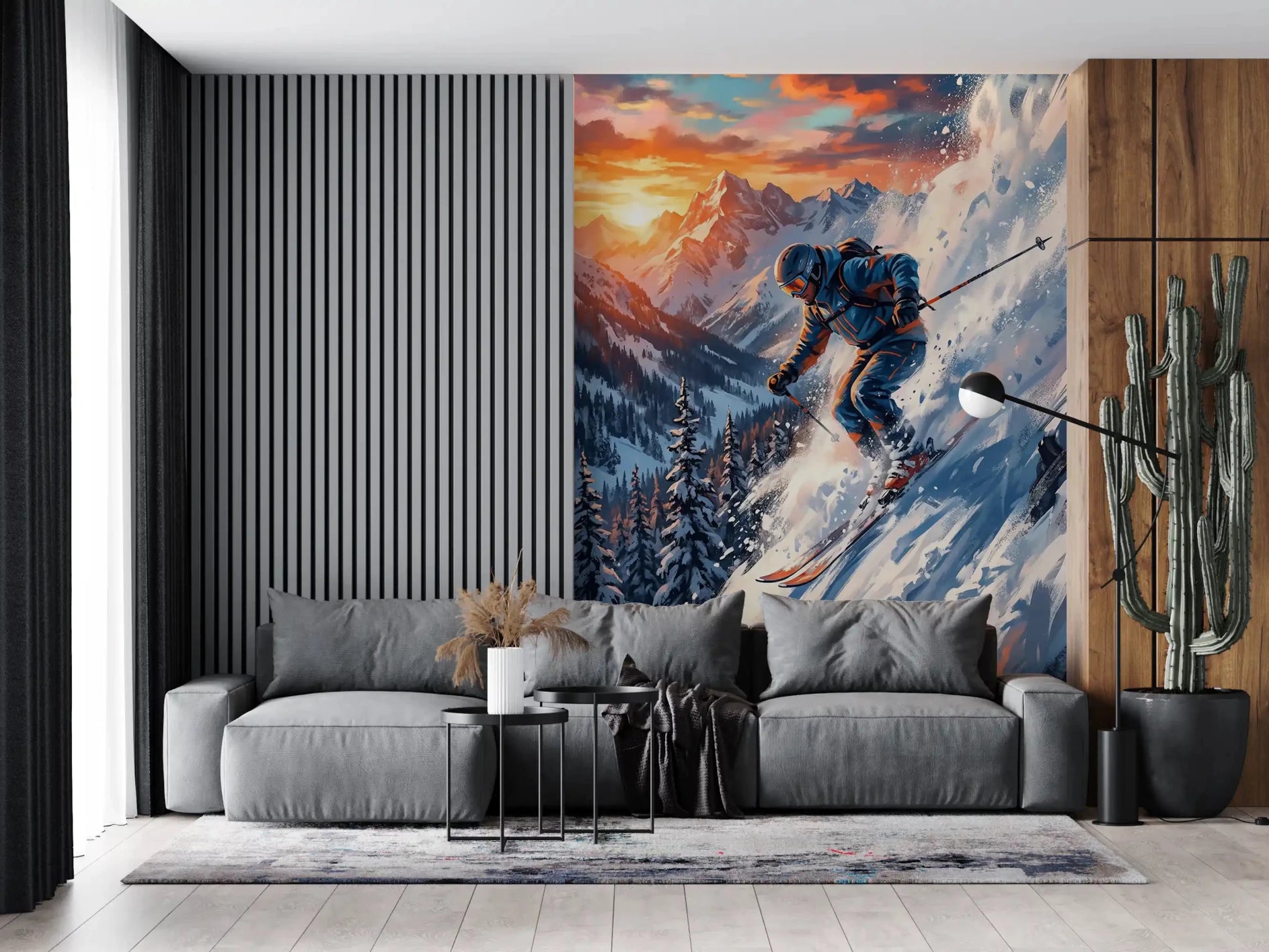 Sunset Descent Wall Mural creates a vibrant living room backdrop.