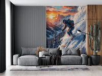Sunset Descent Wall Mural creates a vibrant living room backdrop.