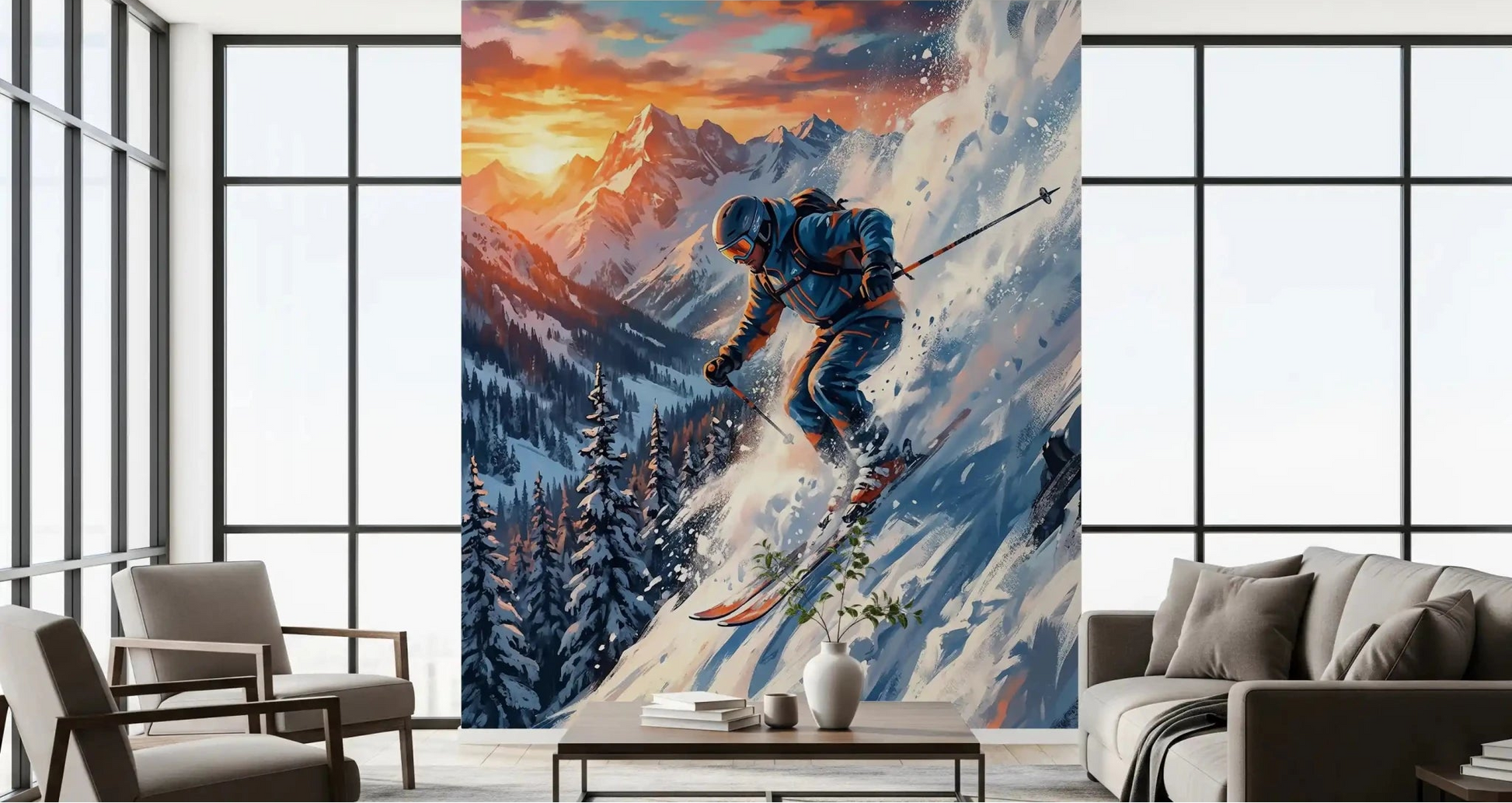 This Living room feels energized by the Sunset Descent wall mural scene.