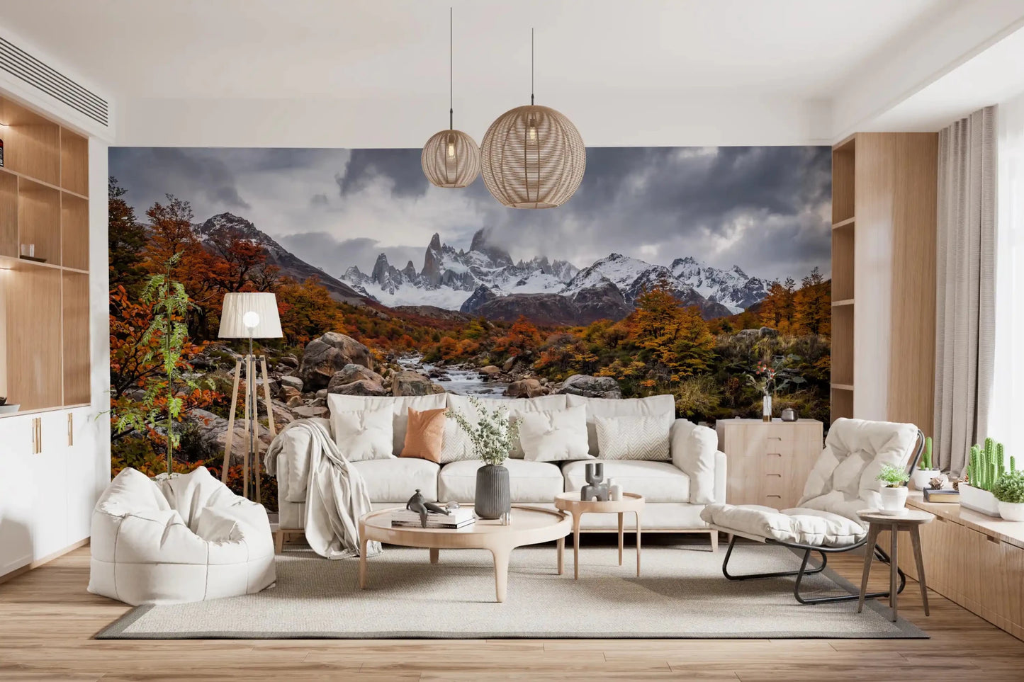 Living room styled with Alpine Autumn Cascade wall mural river landscape, GD9249