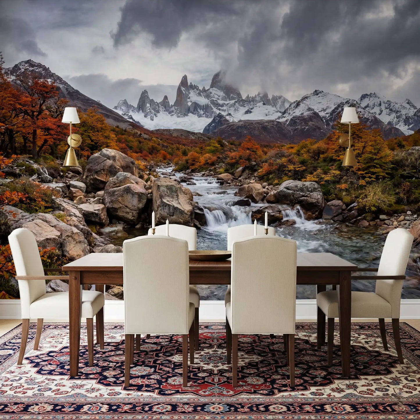 Dining wall featuring Alpine Autumn Cascade wall mural fall scenery, GD9249