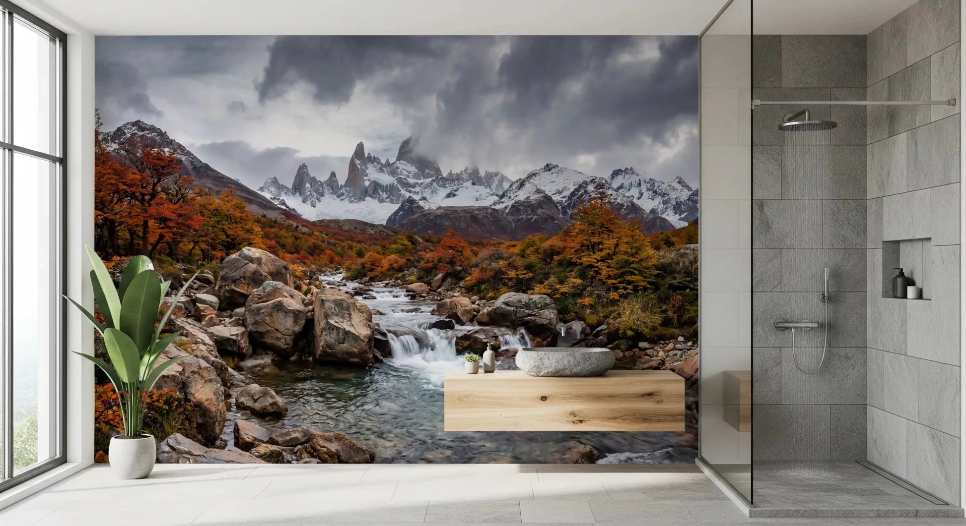 Alpine Autumn Cascade wall mural with colorful fall foliage and water, GD9249