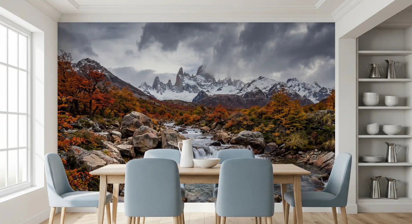 Alpine Autumn Cascade wall mural featuring snow peaks and stream, GD9249