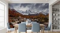 Alpine Autumn Cascade wall mural featuring snow peaks and stream, GD9249