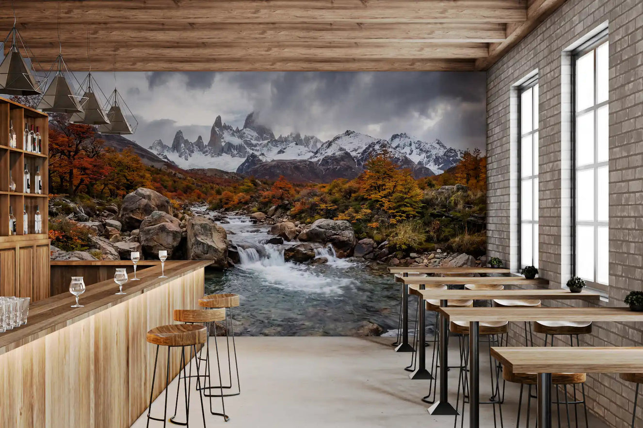 Cafe setup with Alpine Autumn Cascade wall mural alpine view