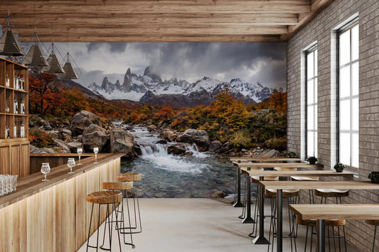 Cafe setup with Alpine Autumn Cascade wall mural alpine view