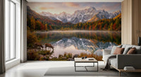 Scenic autumn wall mural with alpine landscape and wildlife detail