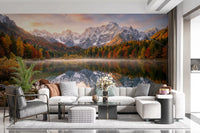 Alpine Autumn Reflection wall mural in living room with deer and lake view